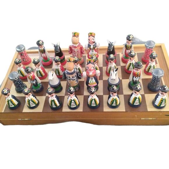 Antique Hand Painted Folk Art Wooden Chess Set Complete Eastern European - Picture 2 of 10